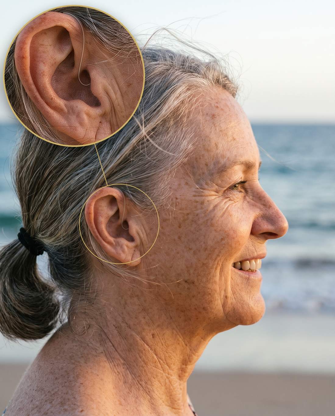 A woman on the beach wearing Clarion hearing aids, with a close-up showing the only visible part: a hair-thin wire.
